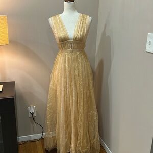 NO/AN champagne shimmer lined tulle maxi dress evening prom gown size small S